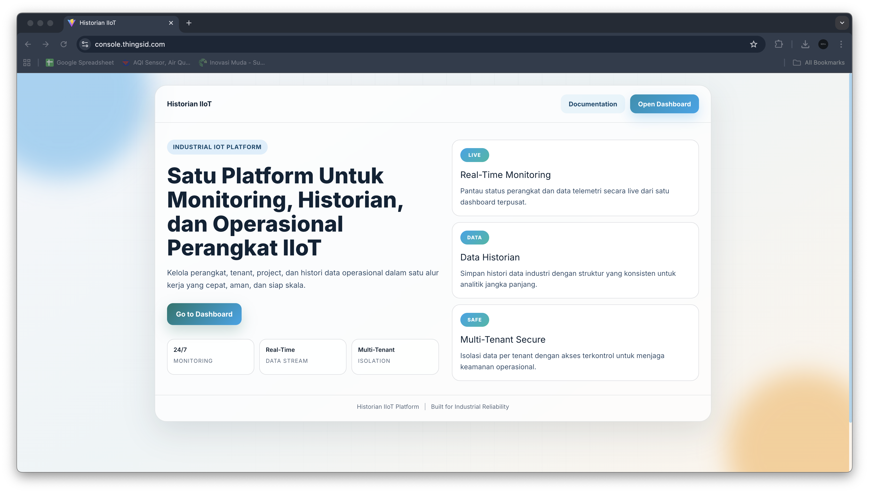 Dashboard utama IIoT Telemetry